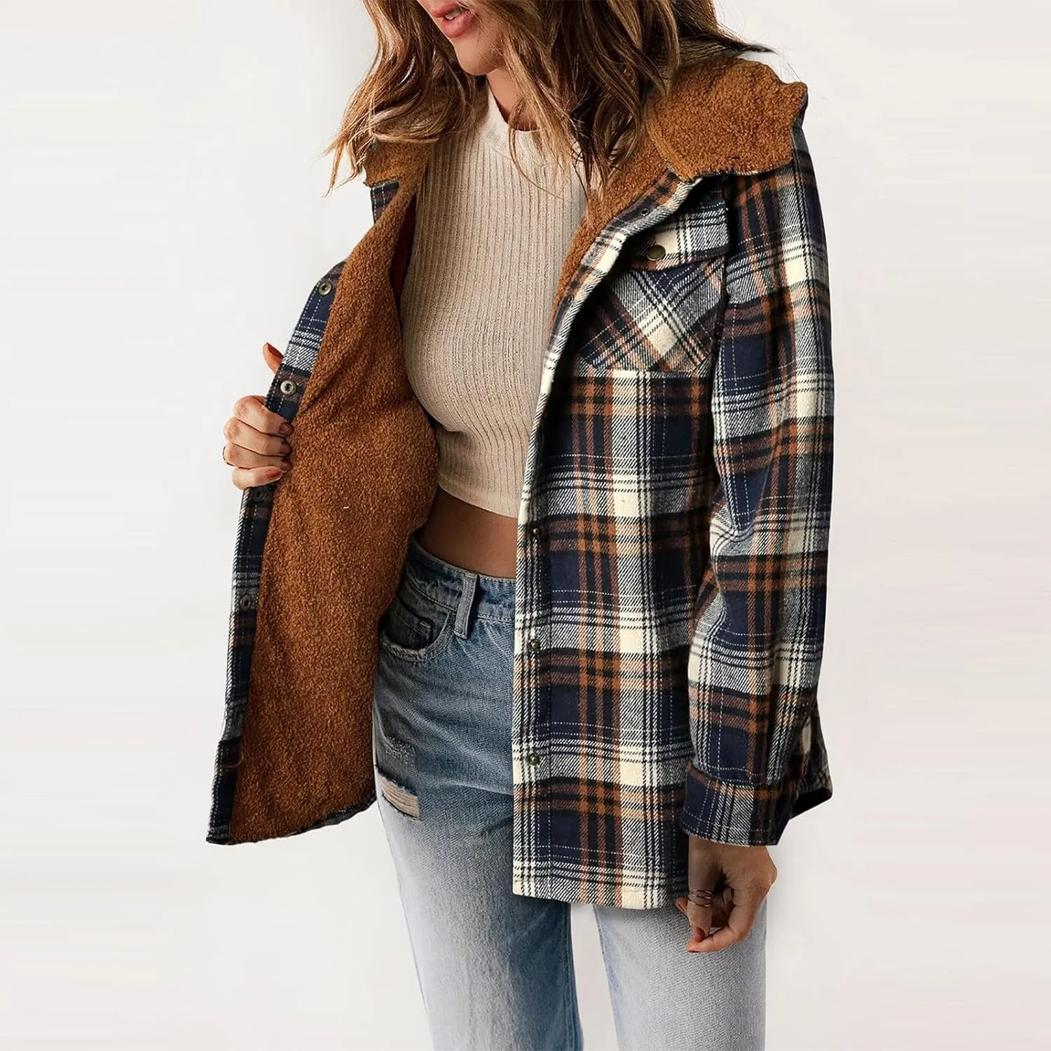 Fleece Plaid Coat for Women Button Down Long Sleeve Hooded Shacket Jacket Casual Plush Warm Coat with Pocket