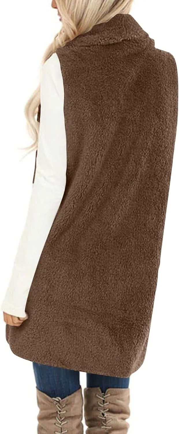 Fleece Vest Women Sherpa Vest Sweater Vests Open Front Cardigan Fuzzy Jacket Winter Sleeveless Jackets with Pockets