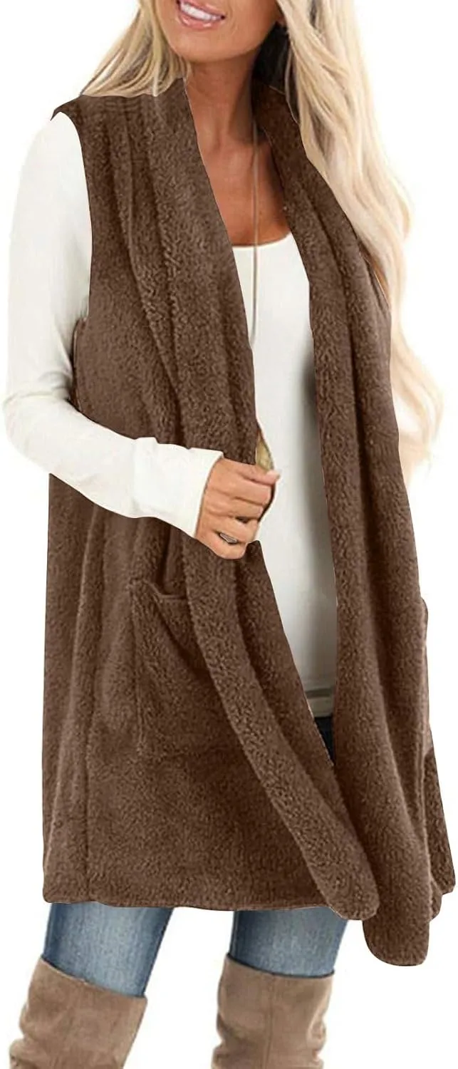 Fleece Vest Women Sherpa Vest Sweater Vests Open Front Cardigan Fuzzy Jacket Winter Sleeveless Jackets with Pockets
