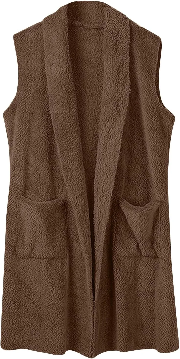 Fleece Vest Women Sherpa Vest Sweater Vests Open Front Cardigan Fuzzy Jacket Winter Sleeveless Jackets with Pockets
