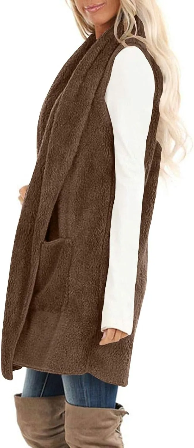 Fleece Vest Women Sherpa Vest Sweater Vests Open Front Cardigan Fuzzy Jacket Winter Sleeveless Jackets with Pockets