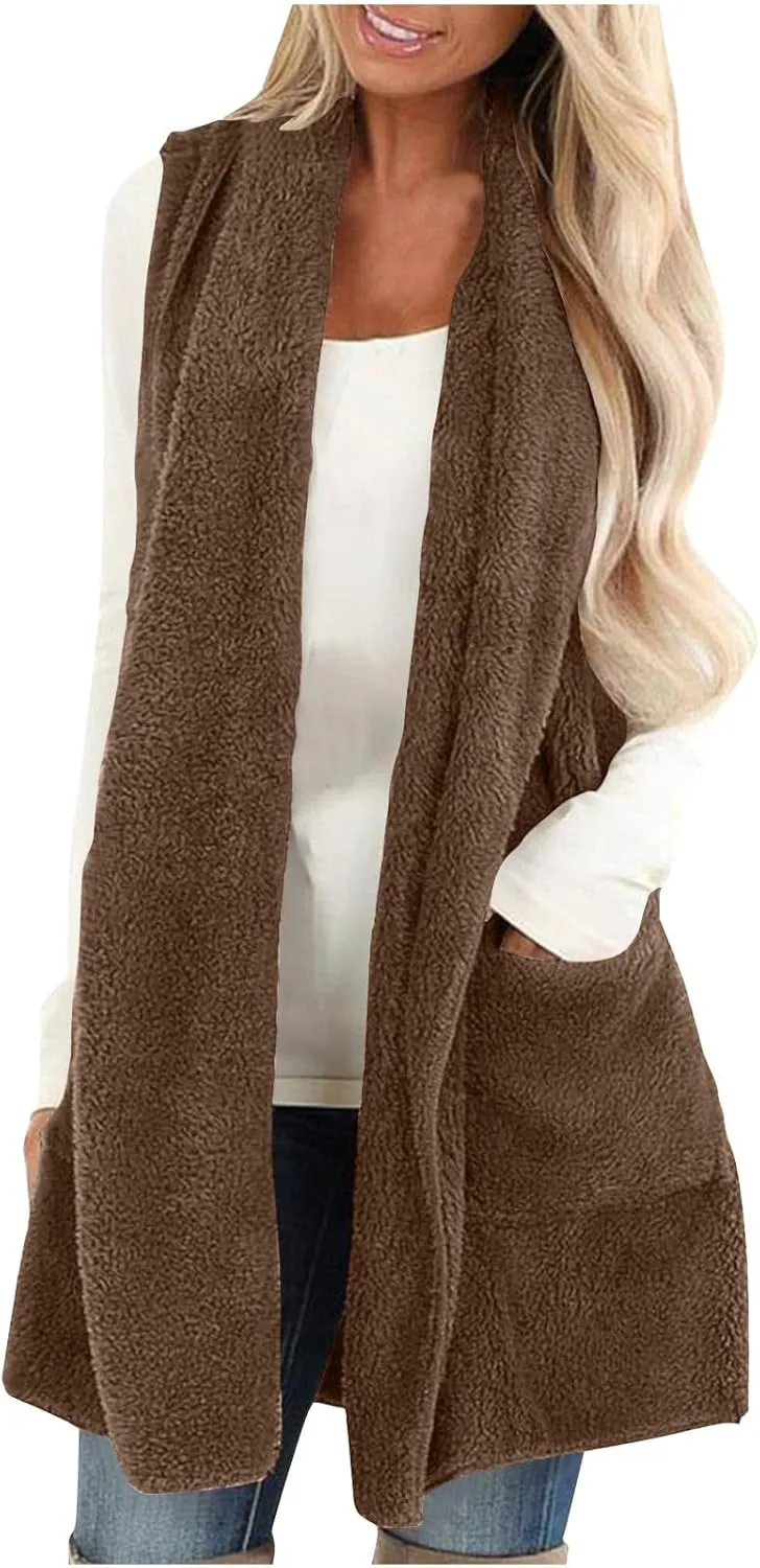 Fleece Vest Women Sherpa Vest Sweater Vests Open Front Cardigan Fuzzy Jacket Winter Sleeveless Jackets with Pockets