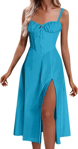 Floral Midi Corset Dress Boho Flowy Slit Lace Up Dresses for Women Going Out A Line Casual Sundress