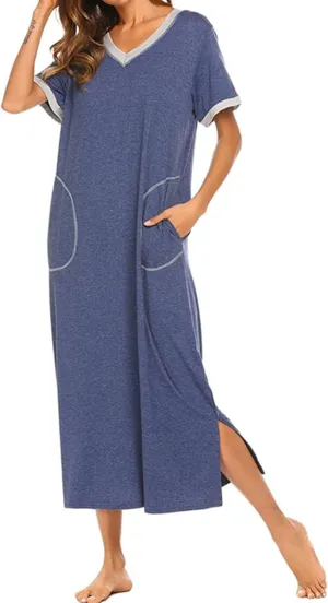 FZYLQY Womens Short Sleeve Nightgown Cotton V Neck Long Nightshirts Full Length Sleep Dress Side Slit Sleepwear with Pockets