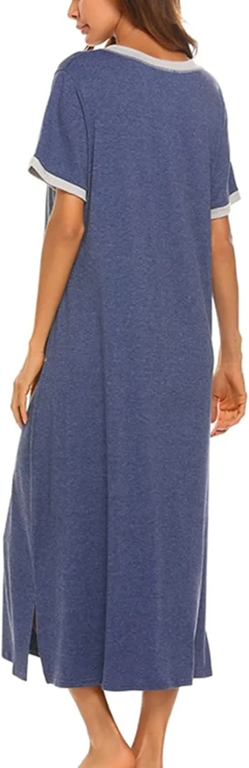 FZYLQY Womens Short Sleeve Nightgown Cotton V Neck Long Nightshirts Full Length Sleep Dress Side Slit Sleepwear with Pockets