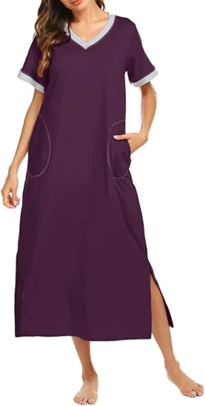 FZYLQY Womens Short Sleeve Nightgown Cotton V Neck Long Nightshirts Full Length Sleep Dress Side Slit Sleepwear with Pockets