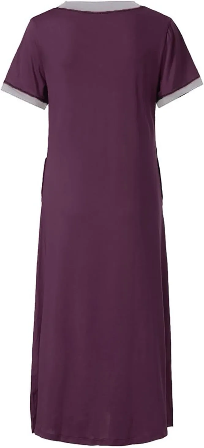 FZYLQY Womens Short Sleeve Nightgown Cotton V Neck Long Nightshirts Full Length Sleep Dress Side Slit Sleepwear with Pockets