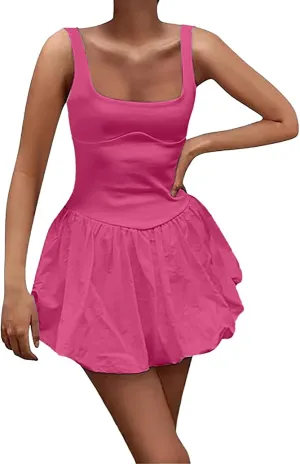 GOKKILRW Summer Dresses for Women 2025 Tennis Sports Casual Sleeveless Tank Mini Dress Going Out Square Neck Bubble Sundress