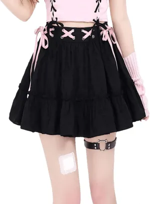 Gothic Cute Flowy Short Skirts Women Teen Girls Pleated Skort High Waisted Lace Up Skater A Line Flare Mini Skirt