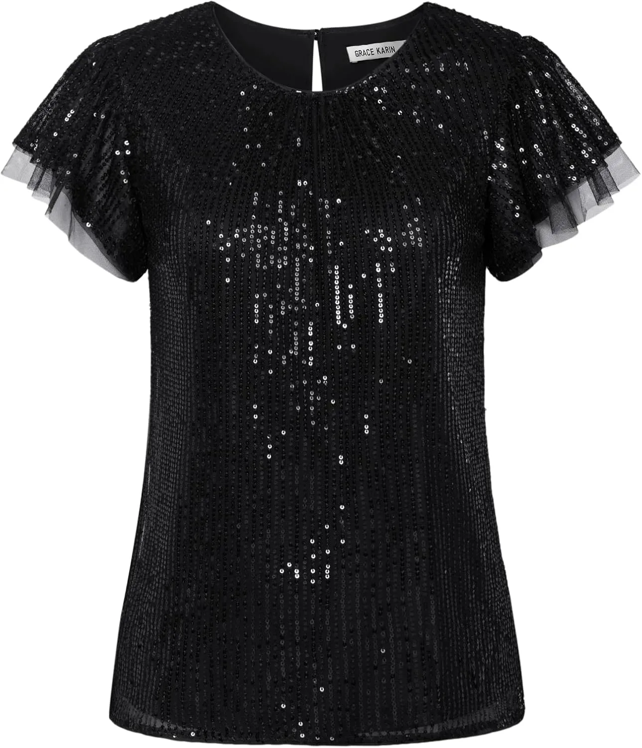 GRACE KARIN Women's Sparkly Sequin Tops Short Sleeve Glitter Dressy Blouses Round Neck Club Ruffle Party Tops