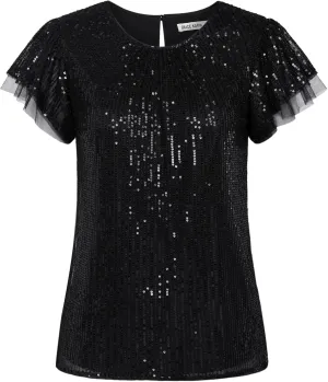 GRACE KARIN Women's Sparkly Sequin Tops Short Sleeve Glitter Dressy Blouses Round Neck Club Ruffle Party Tops