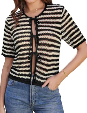 GRACE KARIN Womens Summer Tie Front Cardigan Striped Short Sleeve Sweater Crochet Cropped Tops Casual Beach Coverup