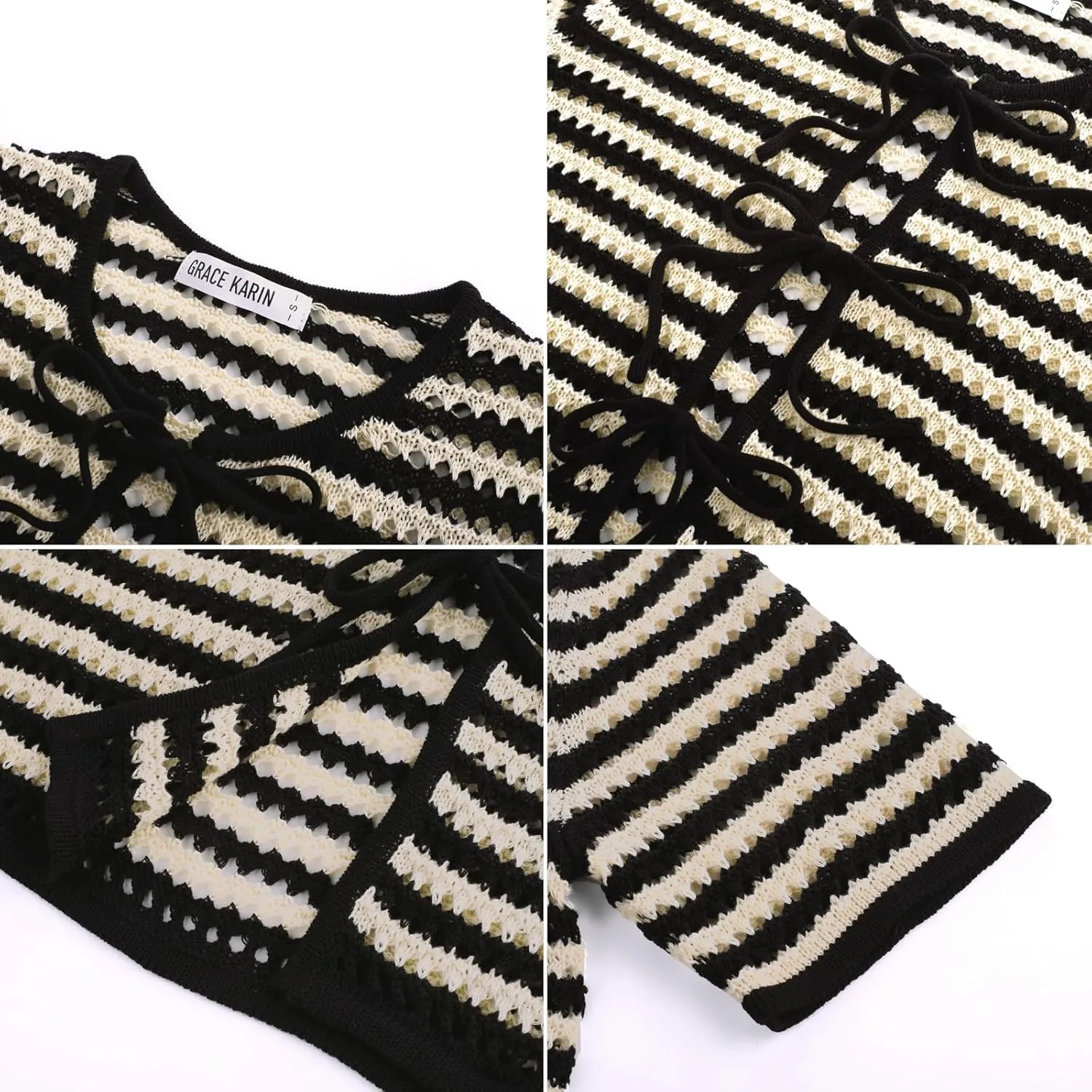 GRACE KARIN Womens Summer Tie Front Cardigan Striped Short Sleeve Sweater Crochet Cropped Tops Casual Beach Coverup