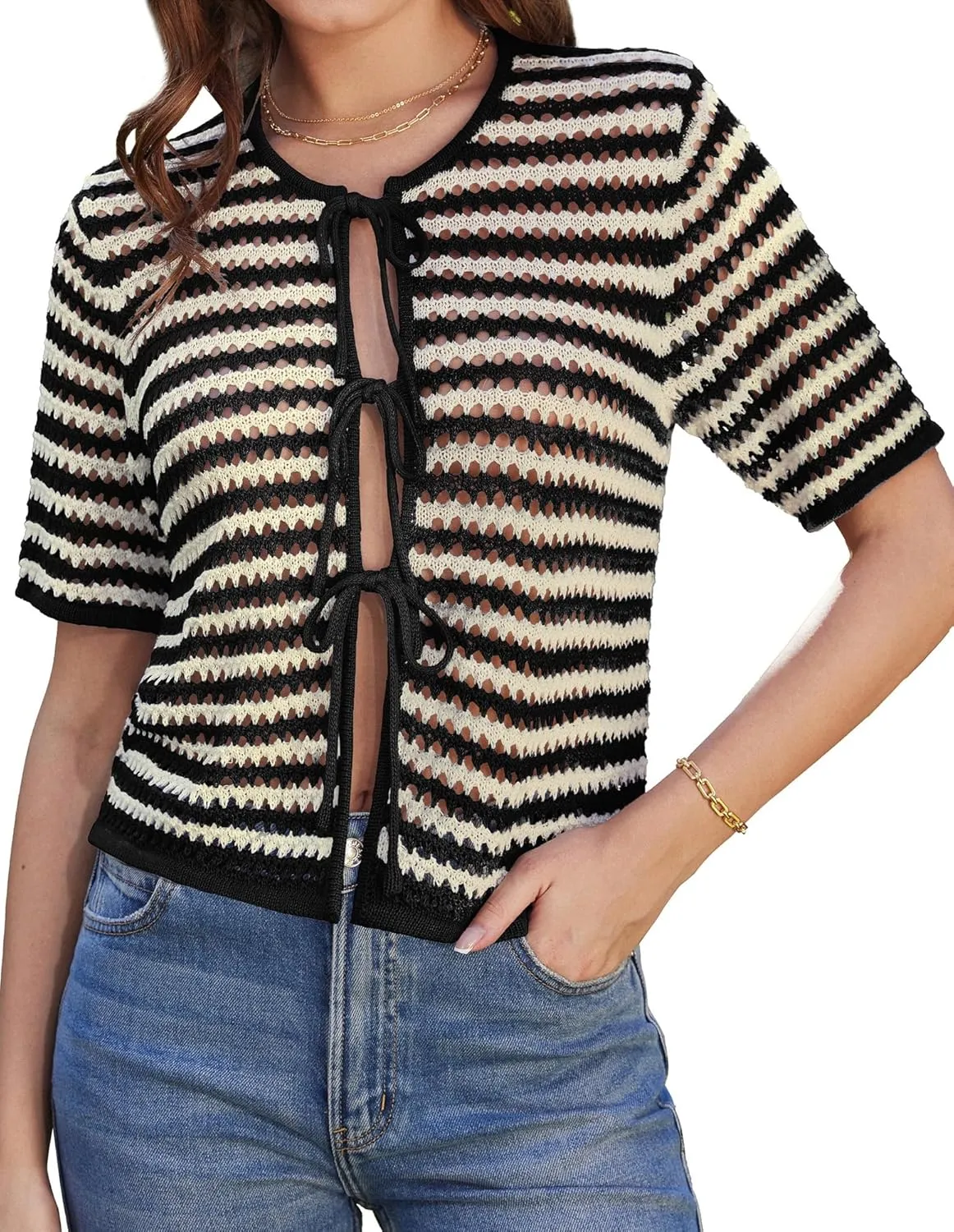GRACE KARIN Womens Summer Tie Front Cardigan Striped Short Sleeve Sweater Crochet Cropped Tops Casual Beach Coverup