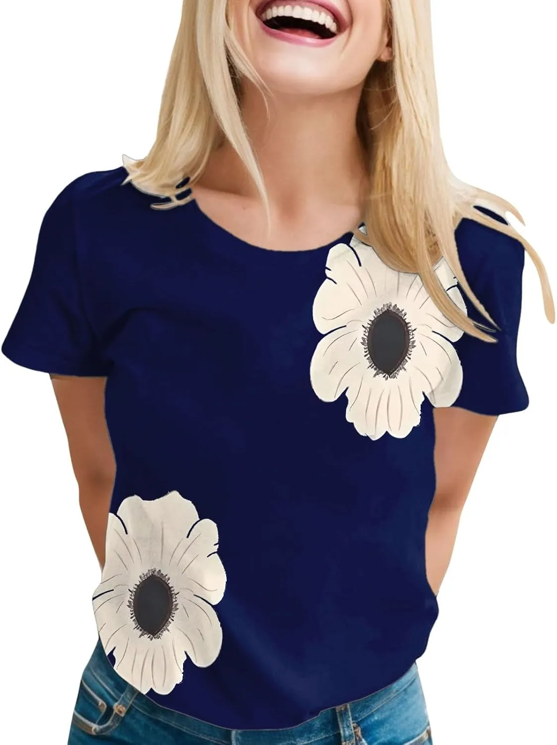 Graphic Tees for Women Short Sleeve Tshirts,Womens Summer Tops Crewneck Shirt Blouse Flower Printed Tops for Women