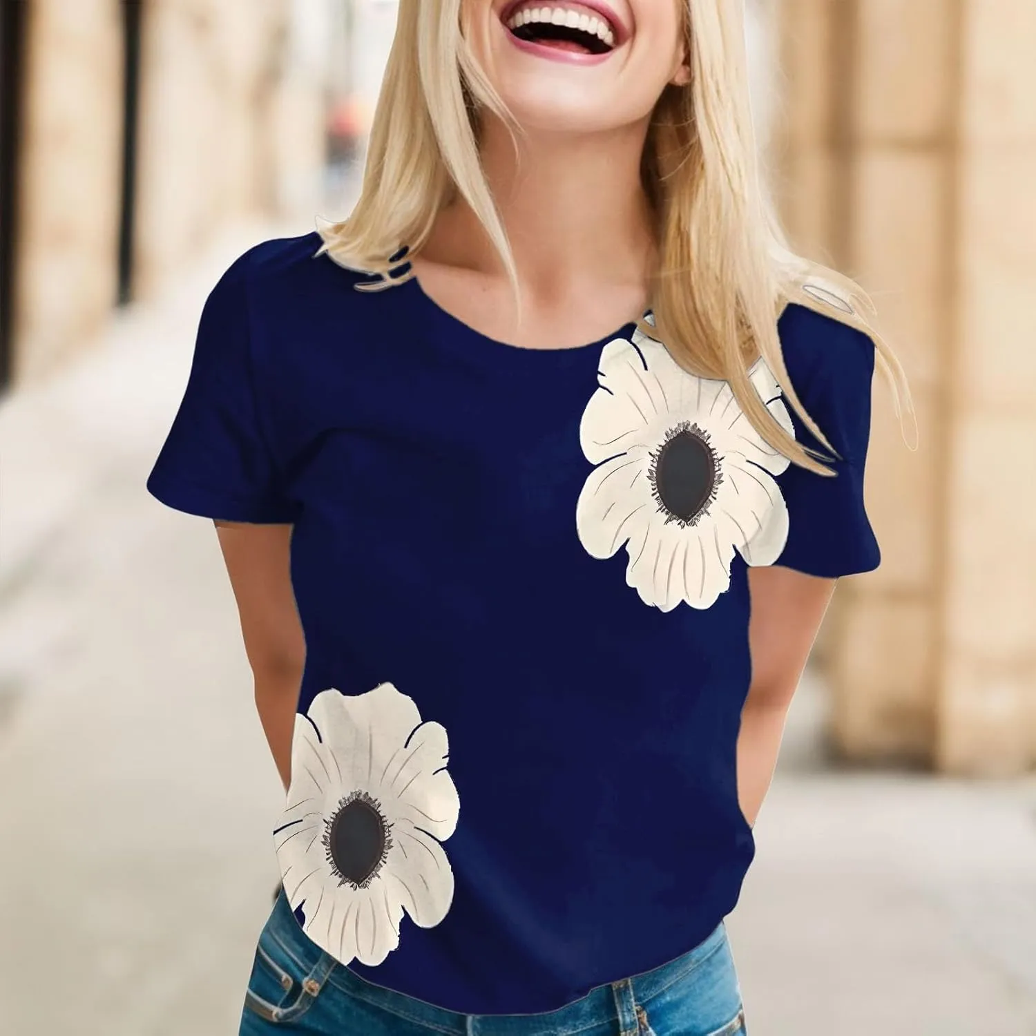 Graphic Tees for Women Short Sleeve Tshirts,Womens Summer Tops Crewneck Shirt Blouse Flower Printed Tops for Women