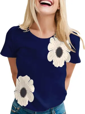 Graphic Tees for Women Short Sleeve Tshirts,Womens Summer Tops Crewneck Shirt Blouse Flower Printed Tops for Women
