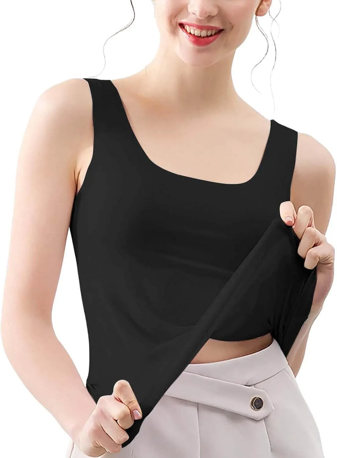 HGps8w 2-Pack Women's Ice Silk Tank Top Summer Basic Seamless Crew Neck Sleeveless Undershirt Casual Camisole Tanks