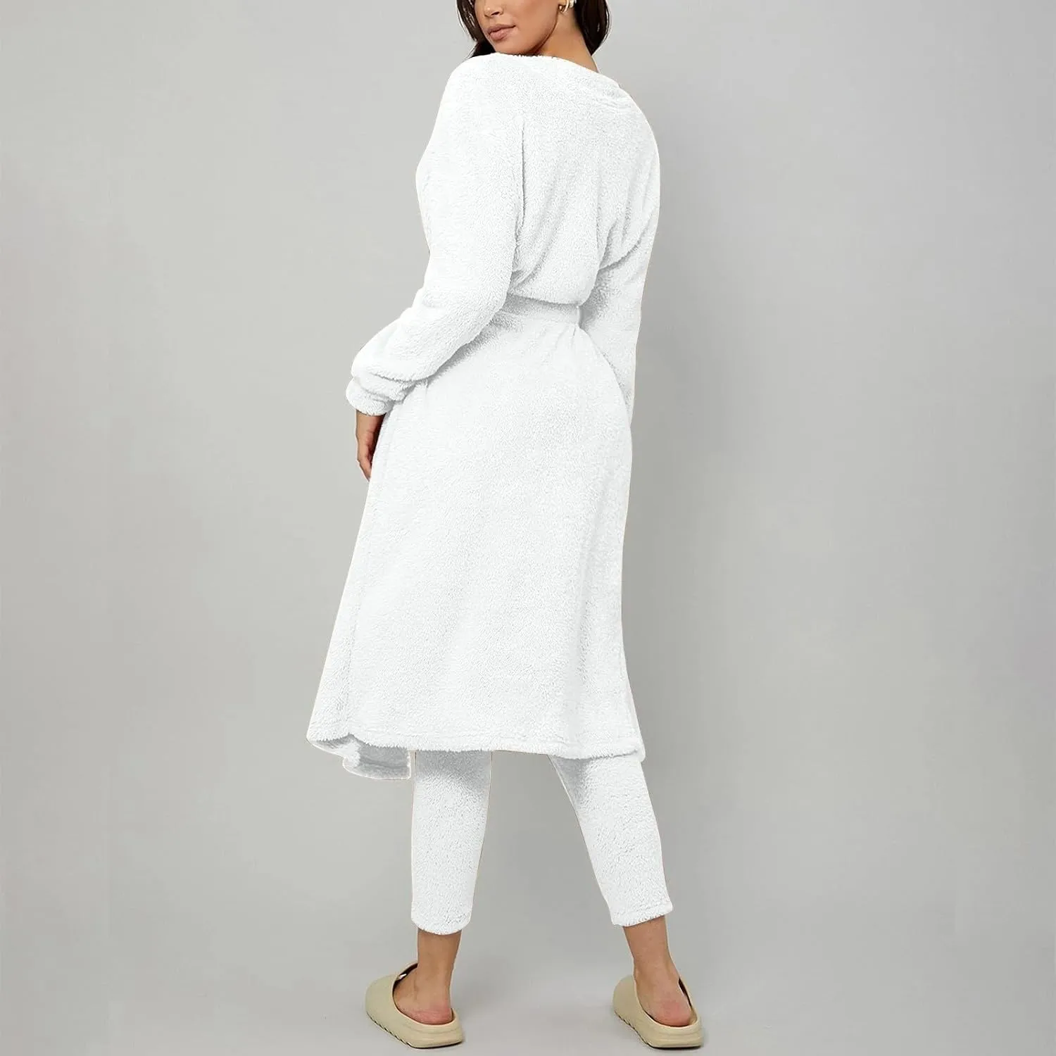 HGps8w 3 Piece Lounge Sets for Women Fuzzy Fleece Pajamas, Long Open Front Cardigan & Crop Tank Top & Long Pants Sleepwear