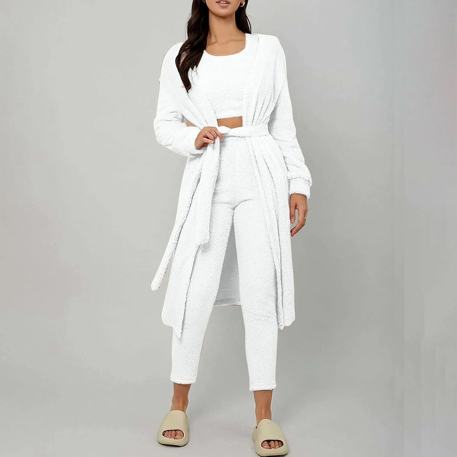 HGps8w 3 Piece Lounge Sets for Women Fuzzy Fleece Pajamas, Long Open Front Cardigan & Crop Tank Top & Long Pants Sleepwear