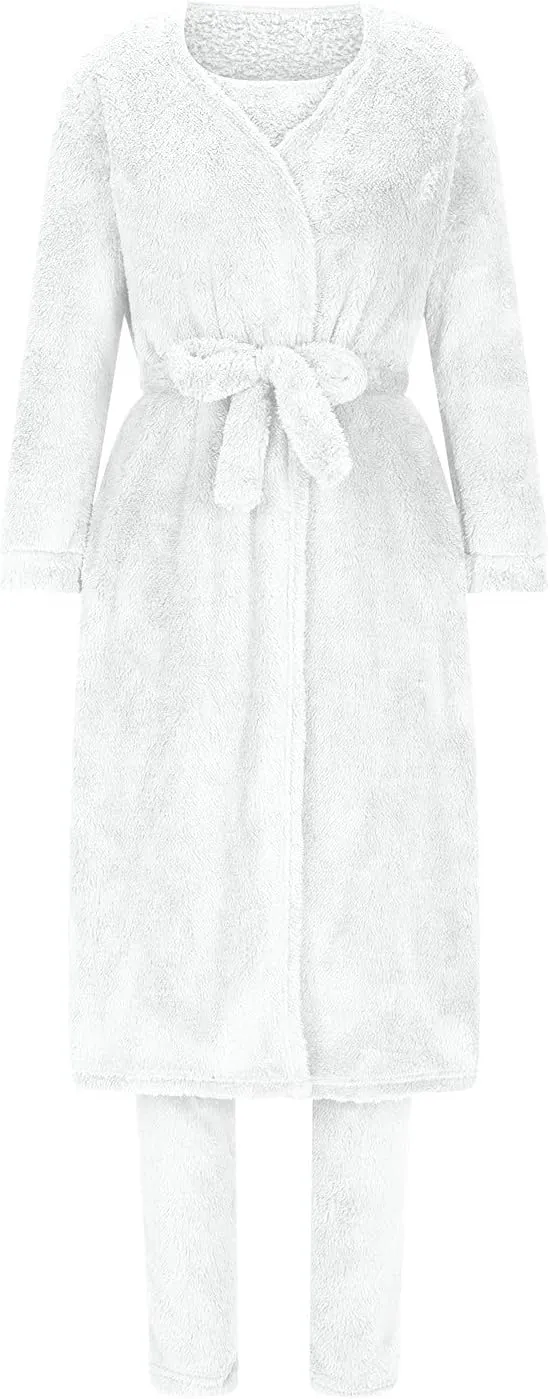 HGps8w 3 Piece Lounge Sets for Women Fuzzy Fleece Pajamas, Long Open Front Cardigan & Crop Tank Top & Long Pants Sleepwear