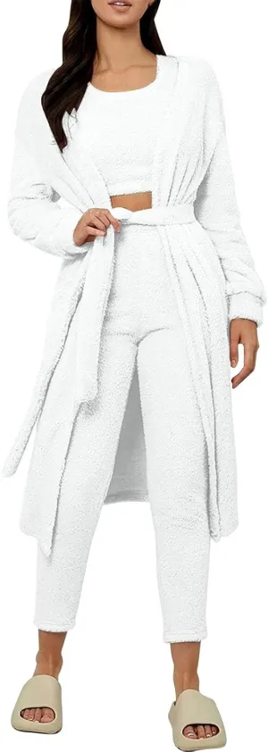 HGps8w 3 Piece Lounge Sets for Women Fuzzy Fleece Pajamas, Long Open Front Cardigan & Crop Tank Top & Long Pants Sleepwear