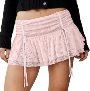 ICNGLKSND Women Y2K Bow Tie Lace Mini Skirt Floral Slip Ruffled Underskirt Pleated Lingerie Lace Layer Skirt with Drawstring