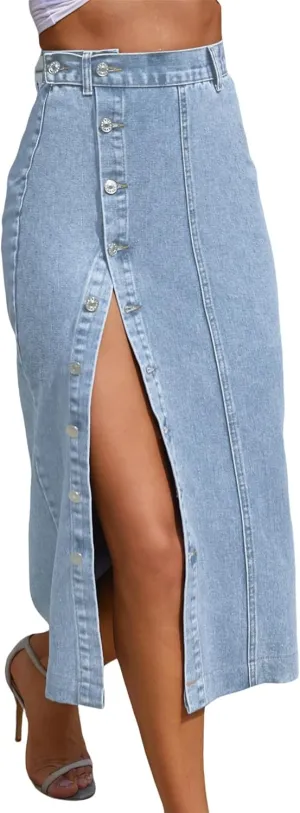 Irregular Slit Denim high Waist Maxi Skirt, Washed Button Front Denim Long Skirt Midi Length A Line Denim Jean Pencil Skirt