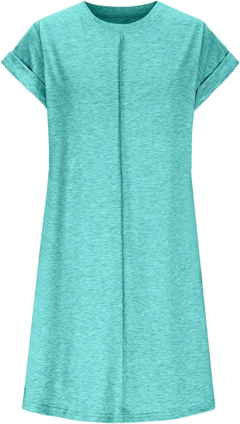 JOAU Summer Dresses for Women 2025 Loose Crew Neck Rolled Short Sleeve Casual T Shirt Dress Sleepwear Beach Swimsuit Cover Up