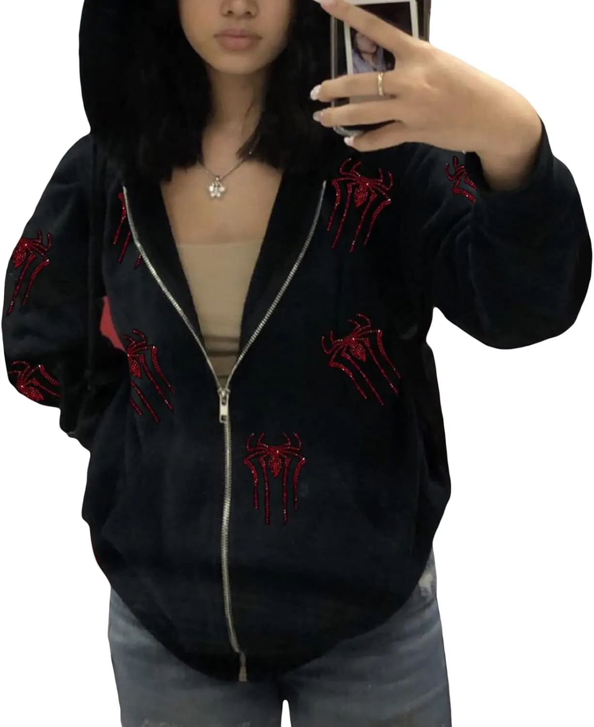 Juakoso Y2k Women Zip Up Hoodie Sweatshirt Rhinestone Skeleton Printing Long Sleeve Oversized Jacket Pullovers Fall Coats