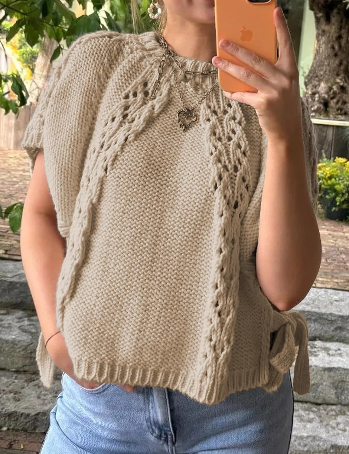 Knitted Tops Short Sleeve Sweater for Women Lace Up Crew Neck Crochet Tops Hollow Out Pullover Shirts