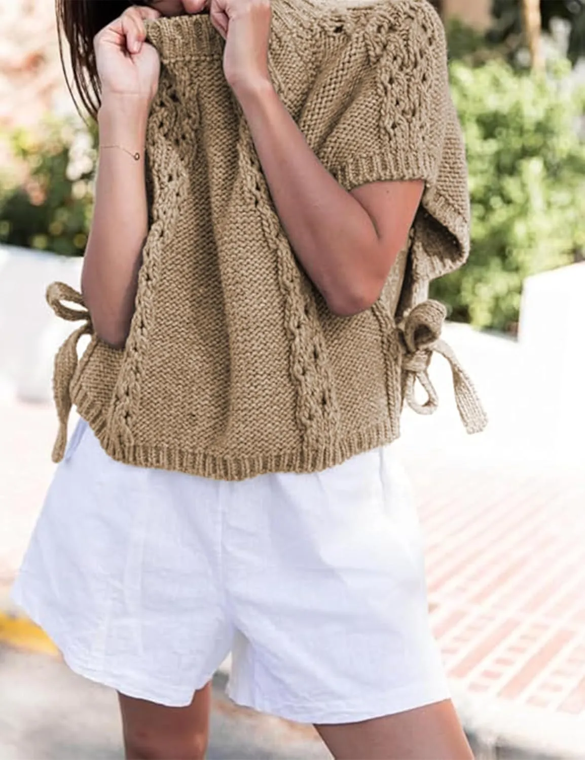 Knitted Tops Short Sleeve Sweater for Women Lace Up Crew Neck Crochet Tops Hollow Out Pullover Shirts