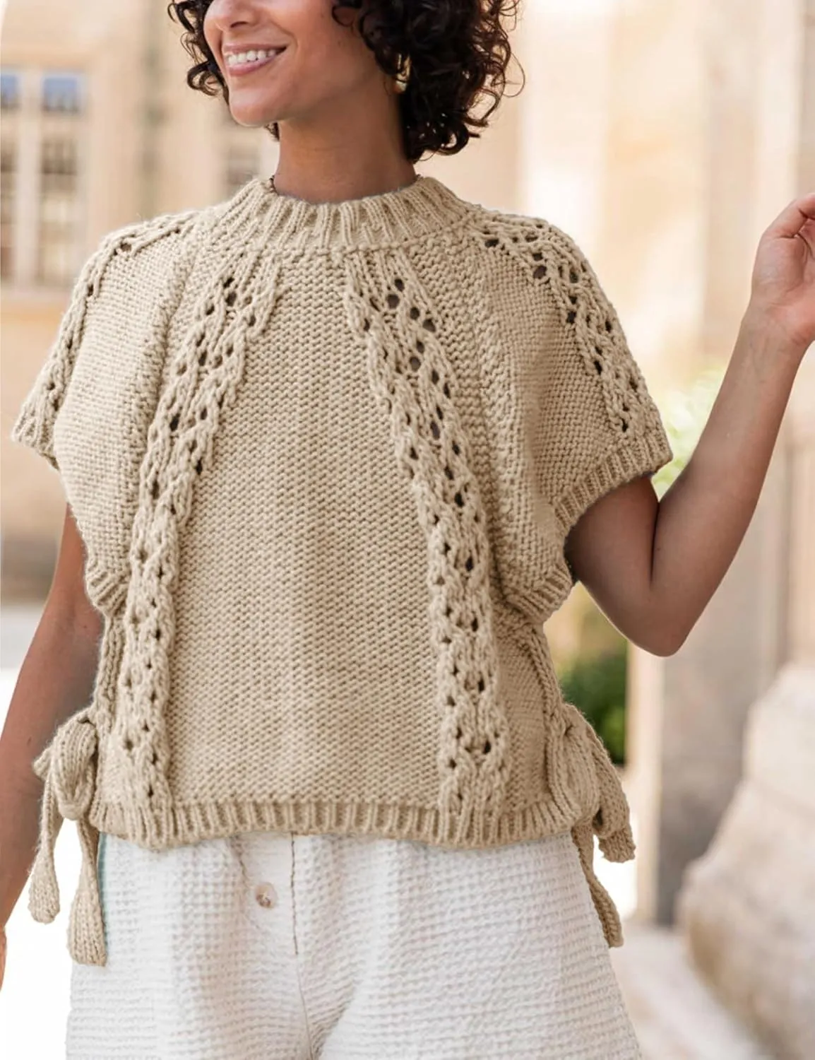 Knitted Tops Short Sleeve Sweater for Women Lace Up Crew Neck Crochet Tops Hollow Out Pullover Shirts