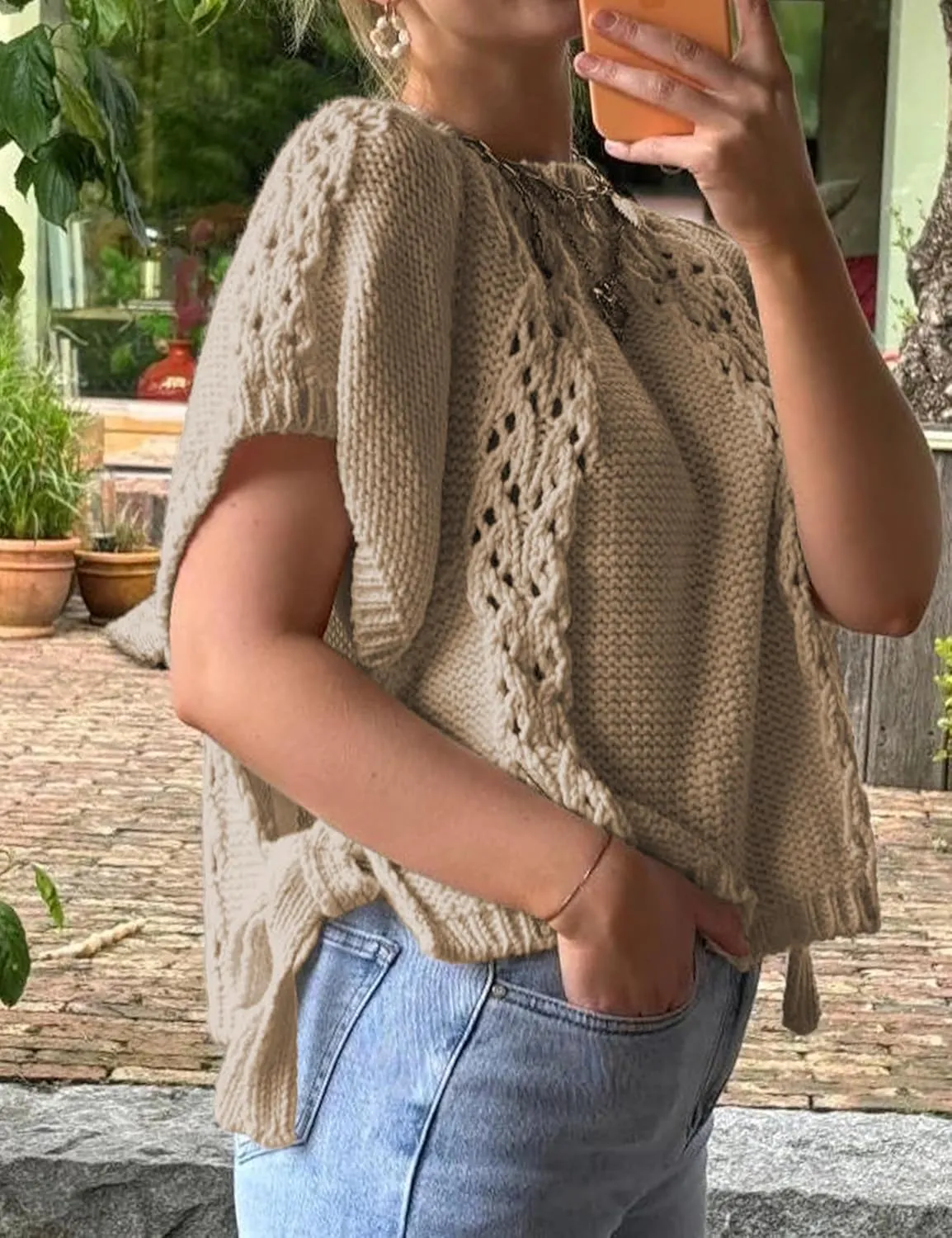 Knitted Tops Short Sleeve Sweater for Women Lace Up Crew Neck Crochet Tops Hollow Out Pullover Shirts