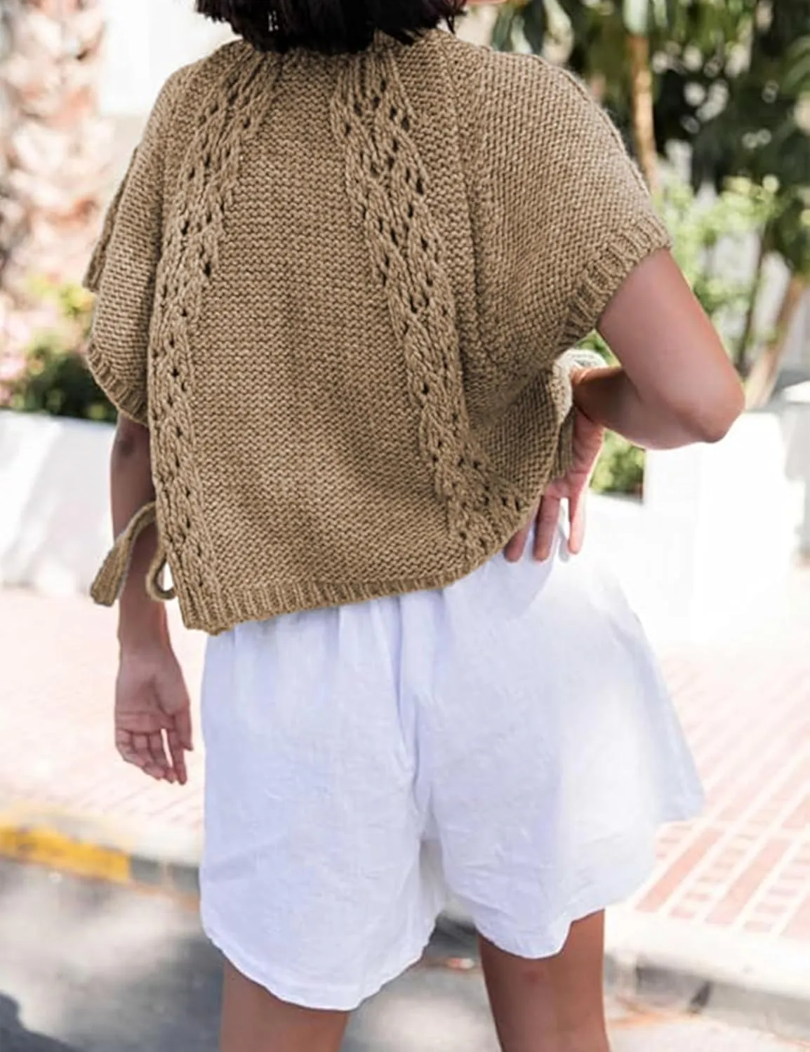 Knitted Tops Short Sleeve Sweater for Women Lace Up Crew Neck Crochet Tops Hollow Out Pullover Shirts