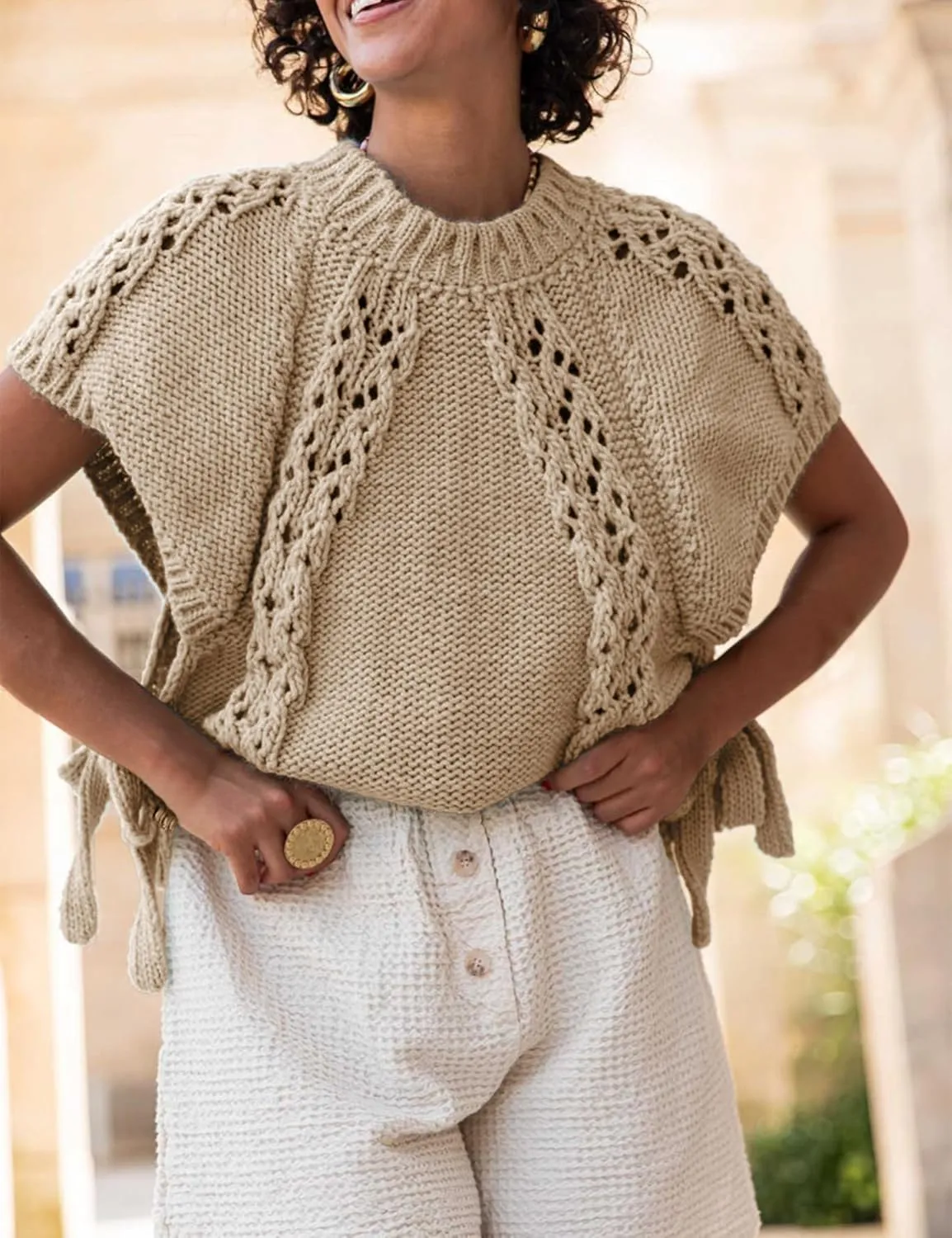 Knitted Tops Short Sleeve Sweater for Women Lace Up Crew Neck Crochet Tops Hollow Out Pullover Shirts