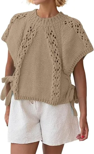 Knitted Tops Short Sleeve Sweater for Women Lace Up Crew Neck Crochet Tops Hollow Out Pullover Shirts