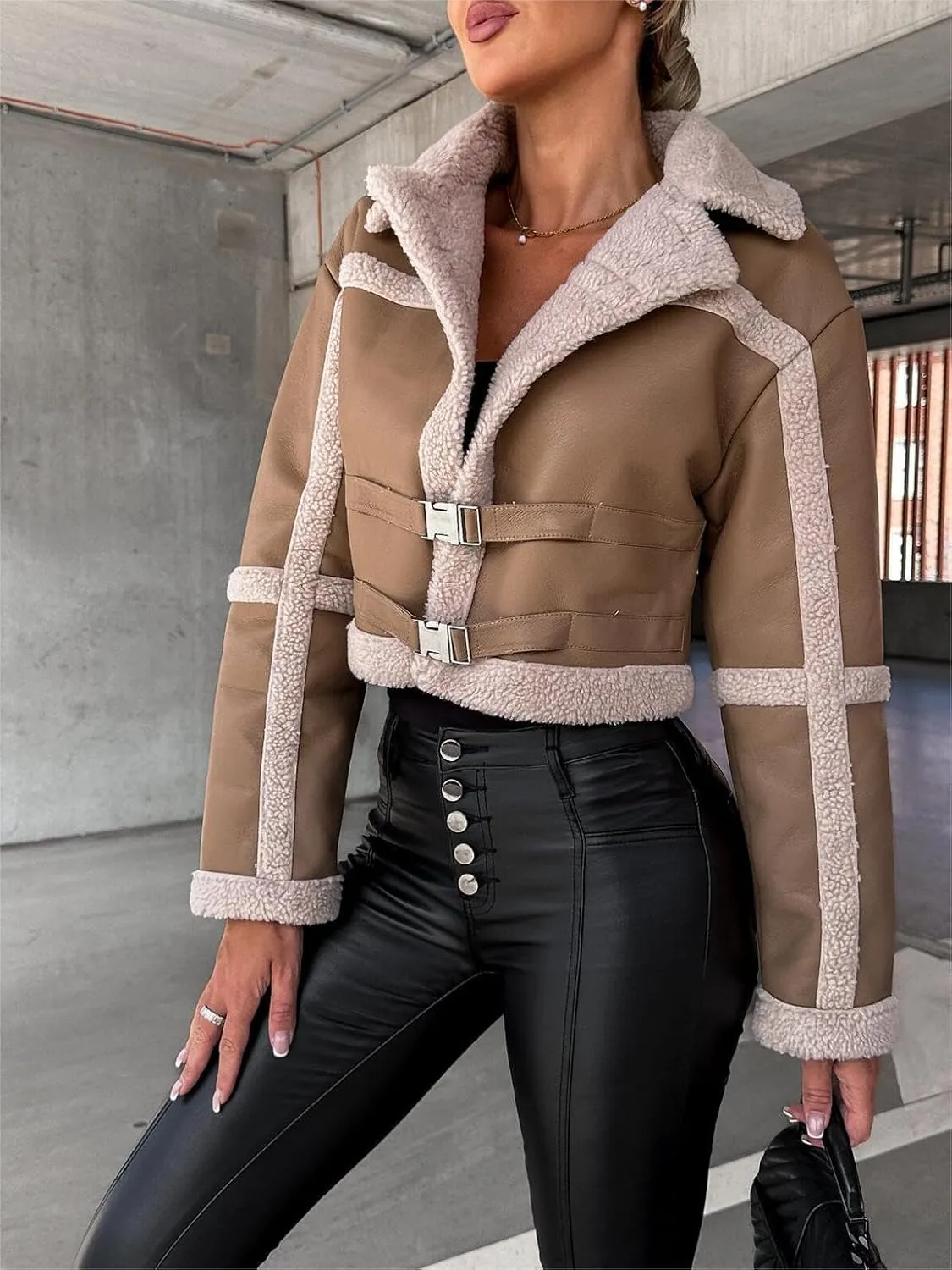 Kubbon Womens Faux Leather Jacket Cropped Sherpa Lined Moto Jacket Coat Trendy Long Sleeve Lapel Fluffy Jacket with Belted