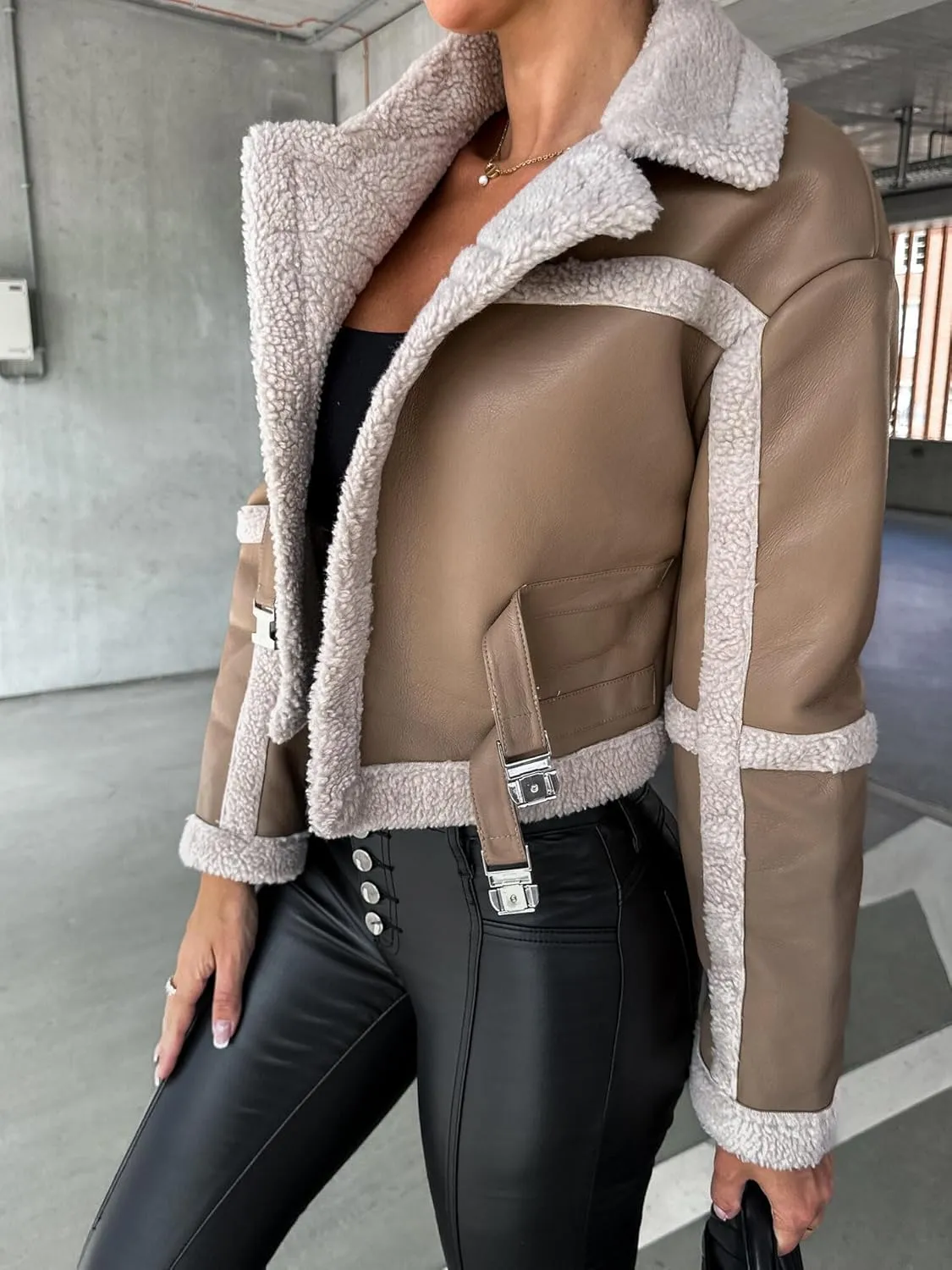 Kubbon Womens Faux Leather Jacket Cropped Sherpa Lined Moto Jacket Coat Trendy Long Sleeve Lapel Fluffy Jacket with Belted