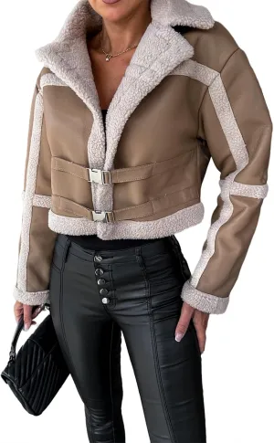 Kubbon Womens Faux Leather Jacket Cropped Sherpa Lined Moto Jacket Coat Trendy Long Sleeve Lapel Fluffy Jacket with Belted
