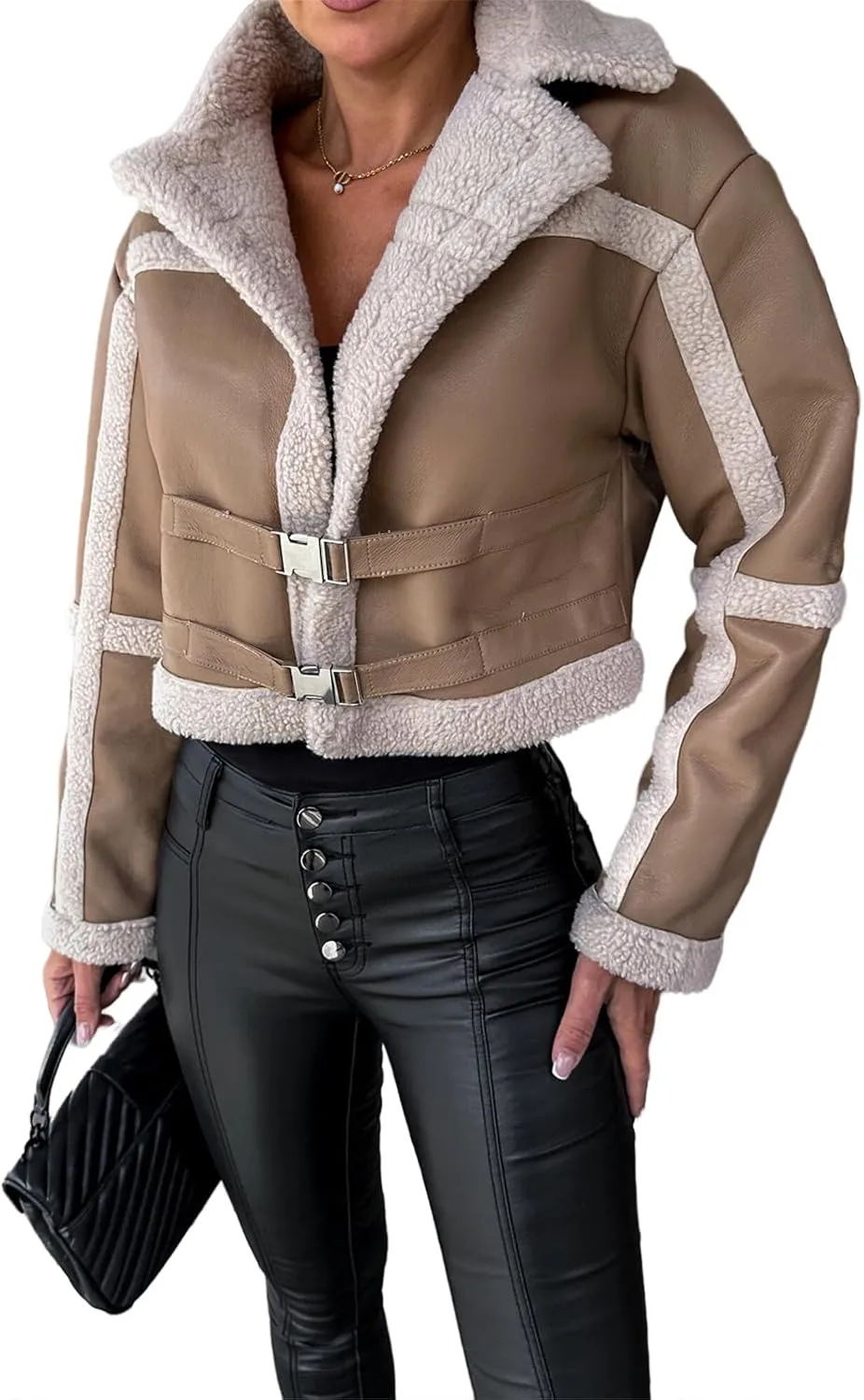 Kubbon Womens Faux Leather Jacket Cropped Sherpa Lined Moto Jacket Coat Trendy Long Sleeve Lapel Fluffy Jacket with Belted