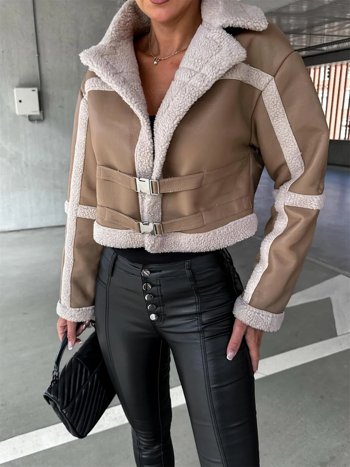 Kubbon Womens Faux Leather Jacket Cropped Sherpa Lined Moto Jacket Coat Trendy Long Sleeve Lapel Fluffy Jacket with Belted