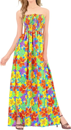LA LEELA Women's Summer Boho A line Slit Maxi Beach Dress Smocked Top Evening Long Strapless Tube Dresses for Women One Size Flame, Floral