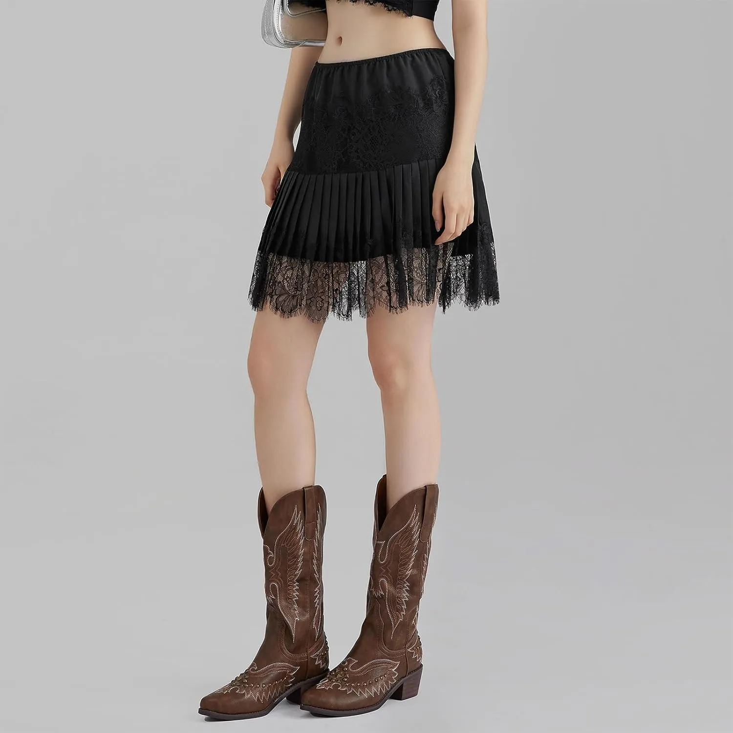 Lace Slip Skirts for Women Y2k Low Rise Tiered Mini Skirt Pleated Ruffle Floral Lace Short Skirts Summer Flowy Underskirt