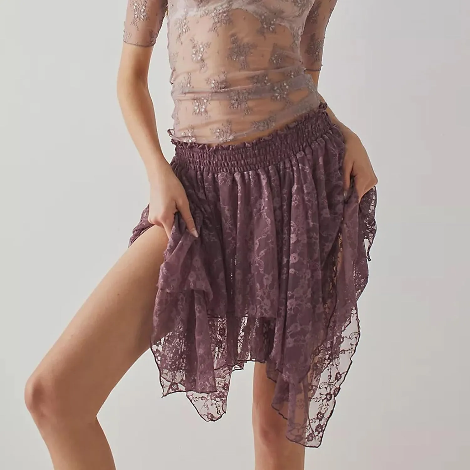 Lace Slip Skirts for Women Y2k Low Rise Tiered Mini Skirt Pleated Ruffle Floral Lace Short Skirts Summer Flowy Underskirt