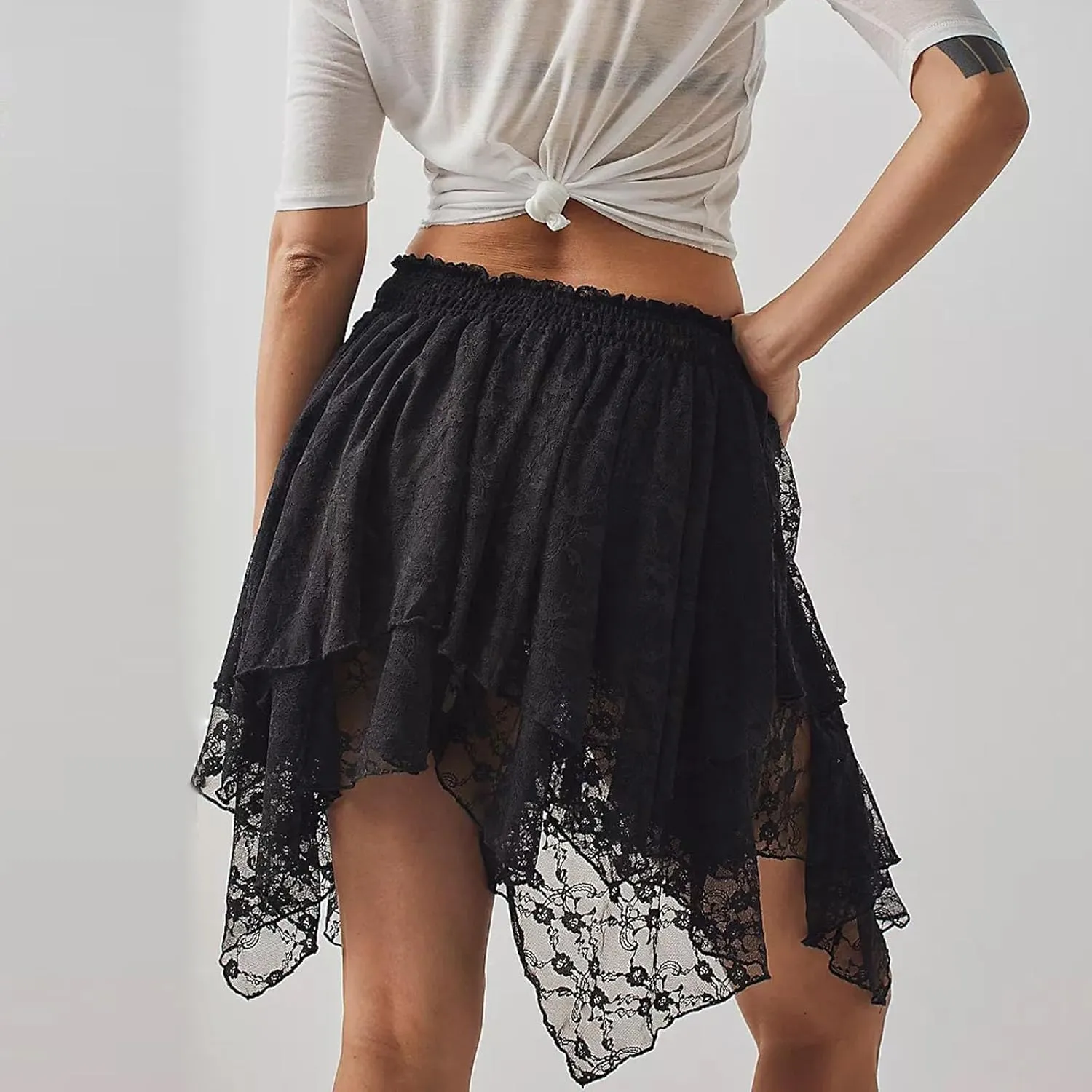 Lace Slip Skirts for Women Y2k Low Rise Tiered Mini Skirt Pleated Ruffle Floral Lace Short Skirts Summer Flowy Underskirt