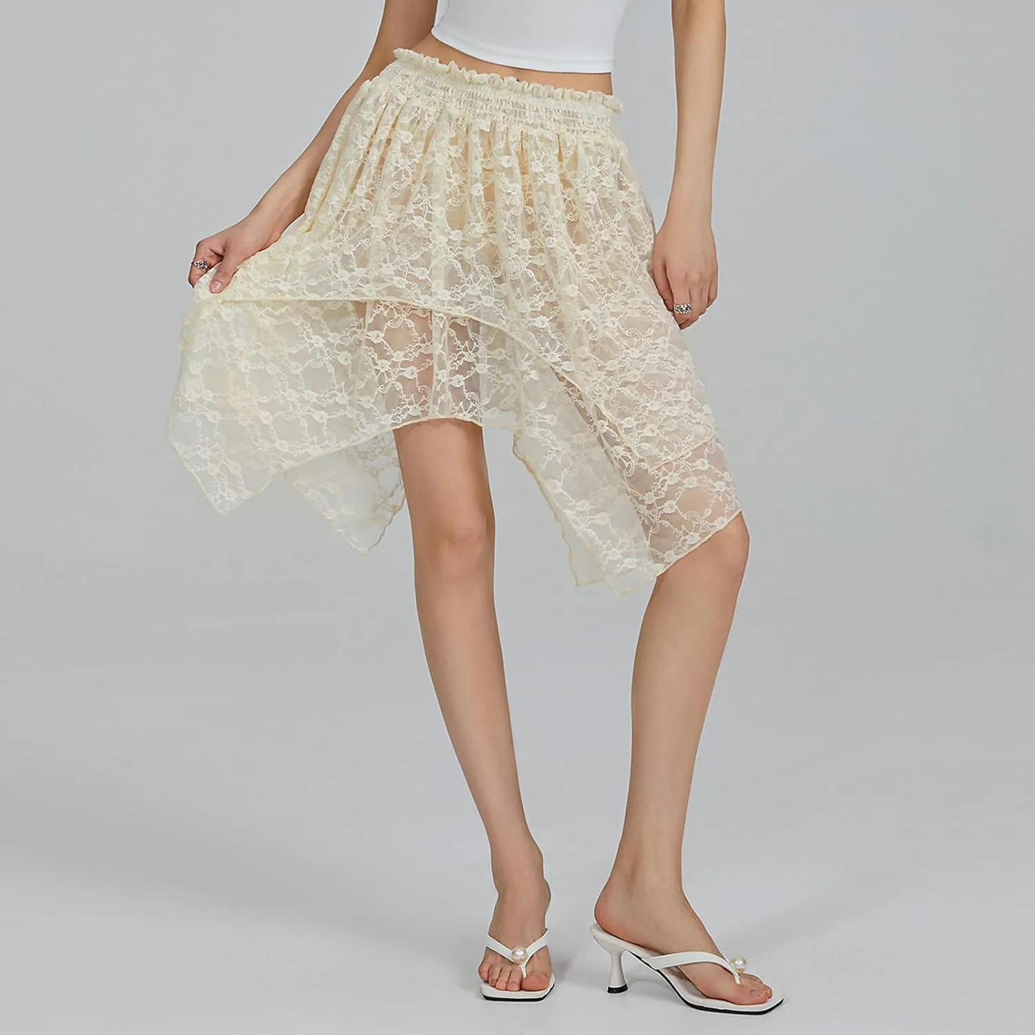 Lace Slip Skirts for Women Y2k Low Rise Tiered Mini Skirt Pleated Ruffle Floral Lace Short Skirts Summer Flowy Underskirt