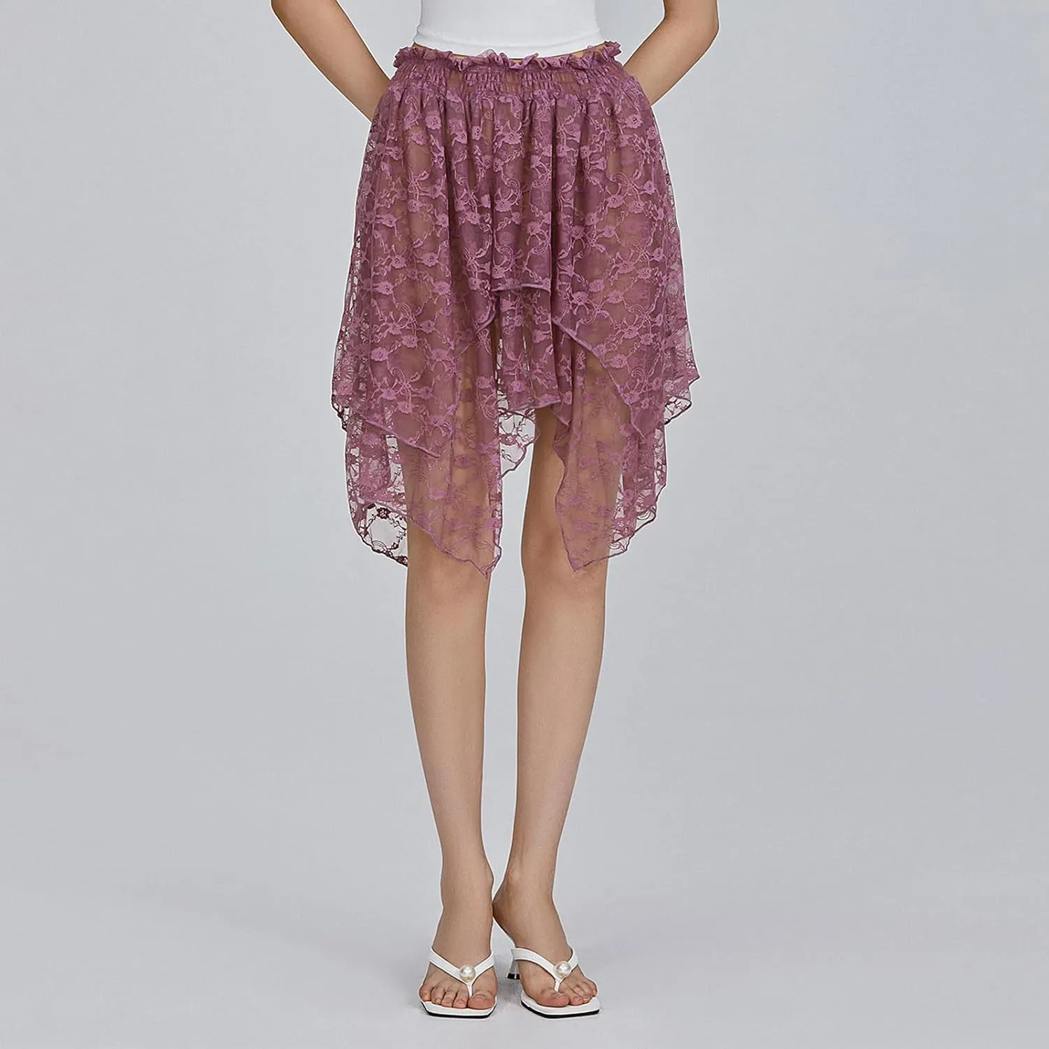 Lace Slip Skirts for Women Y2k Low Rise Tiered Mini Skirt Pleated Ruffle Floral Lace Short Skirts Summer Flowy Underskirt
