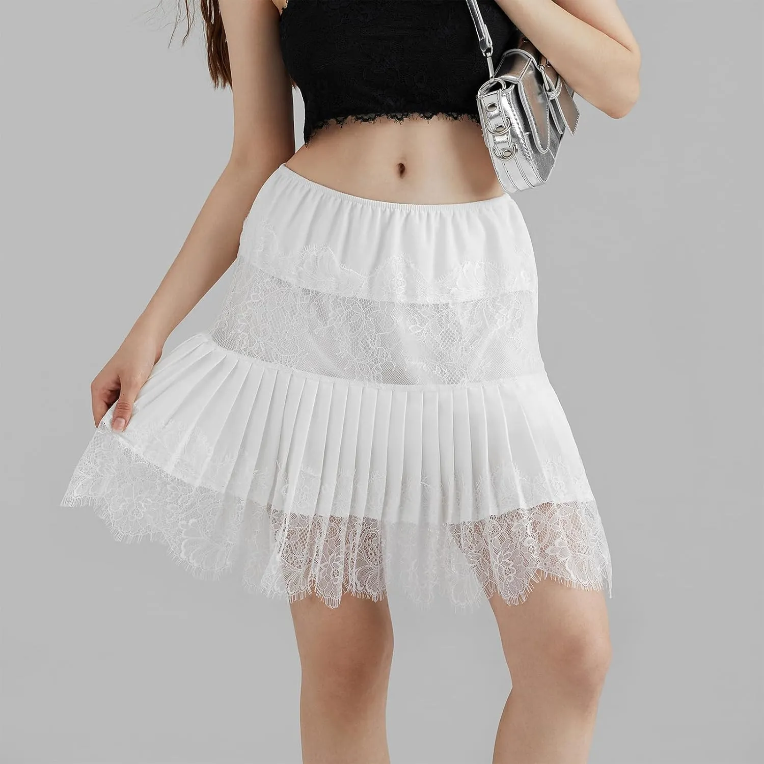 Lace Slip Skirts for Women Y2k Low Rise Tiered Mini Skirt Pleated Ruffle Floral Lace Short Skirts Summer Flowy Underskirt