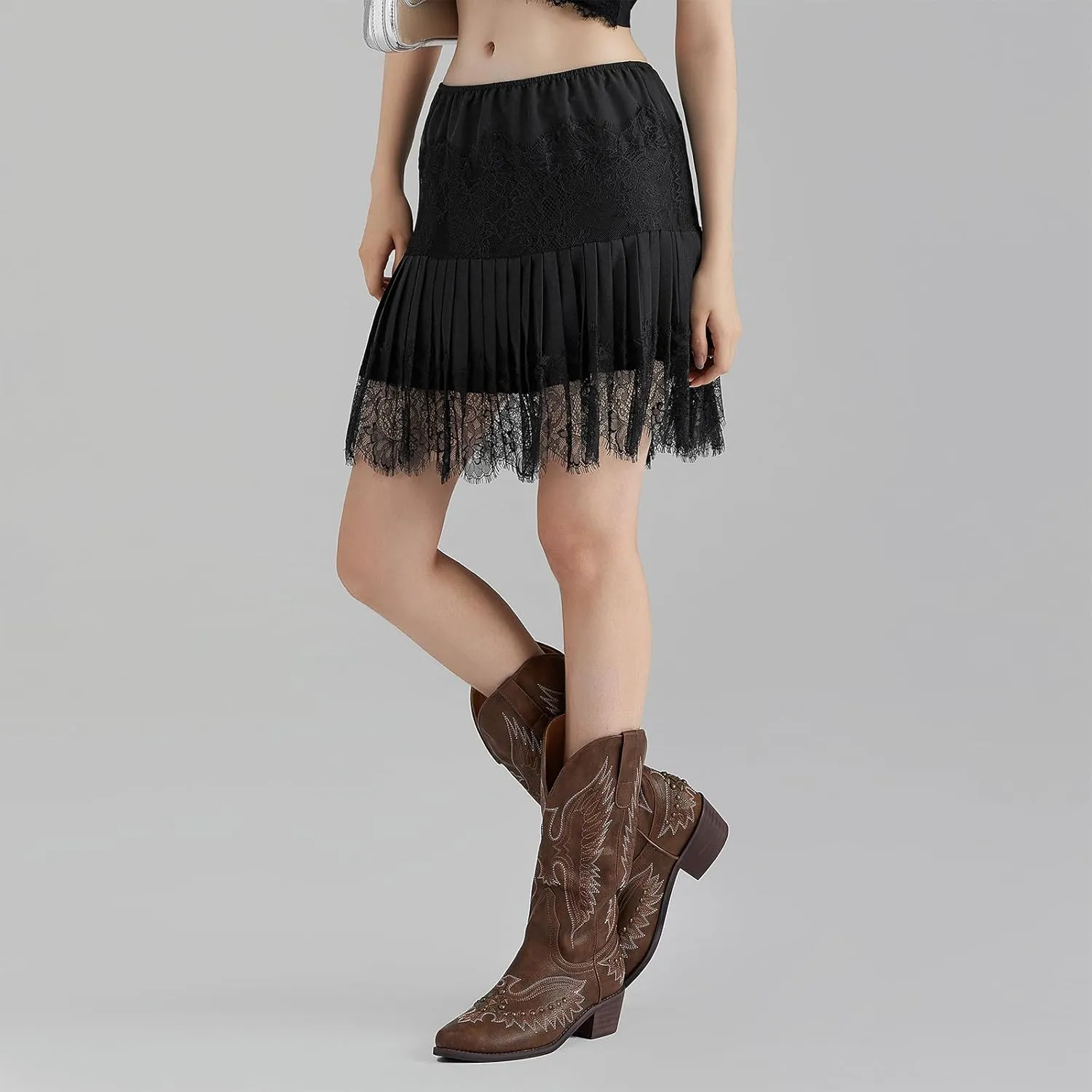 Lace Slip Skirts for Women Y2k Low Rise Tiered Mini Skirt Pleated Ruffle Floral Lace Short Skirts Summer Flowy Underskirt